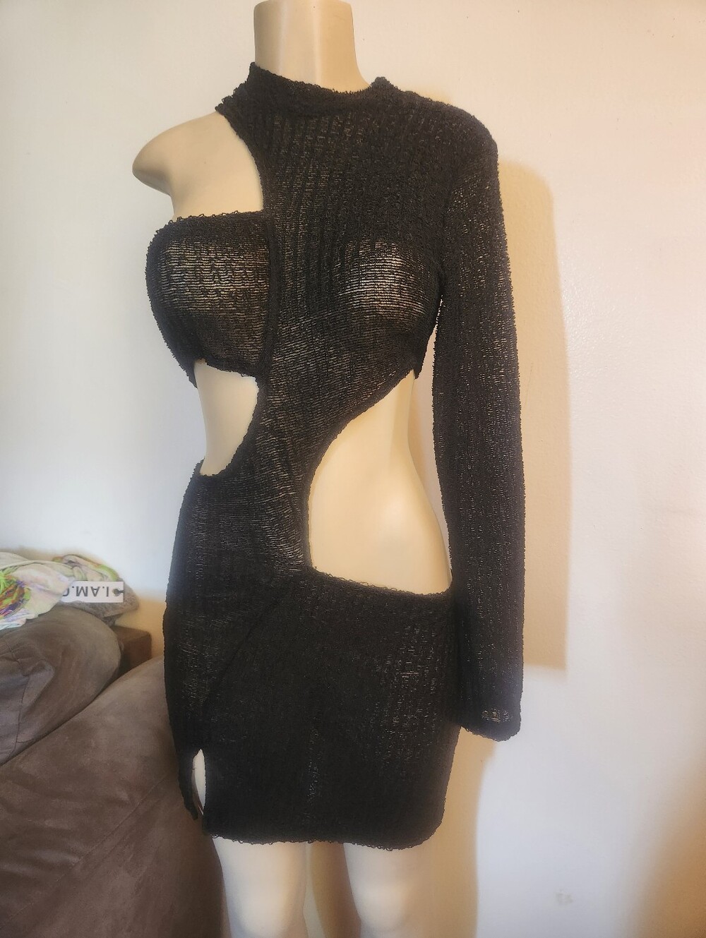 PrettyLittleThing Black Asymmetric One-Sleeve Cutout Mini Dress
